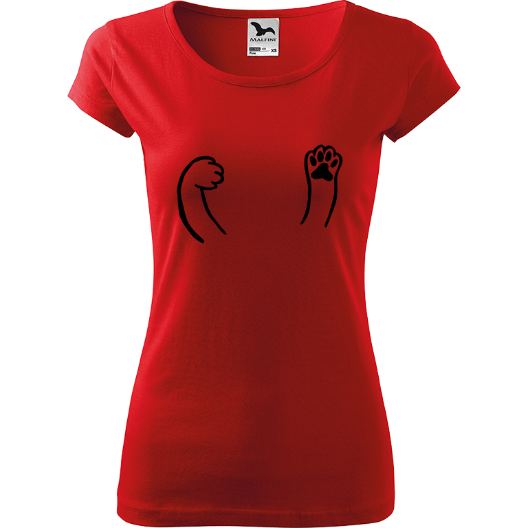 Ručně malované dámské bavlněné tričko - Kočičí packy Barva trička: ČERVENÁ, Velikost trička: M, Barva motivu: ČERNÁ