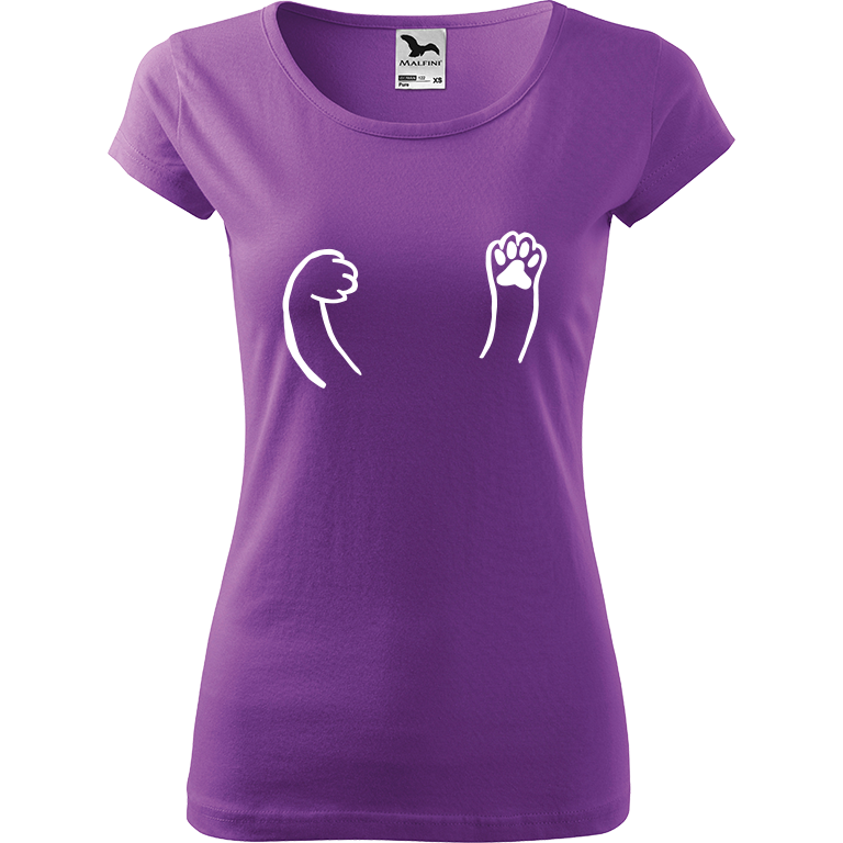 Ručně malované dámské bavlněné tričko - Kočičí packy Barva trička: FIALOVÁ, Velikost trička: XS, Barva motivu: BÍLÁ