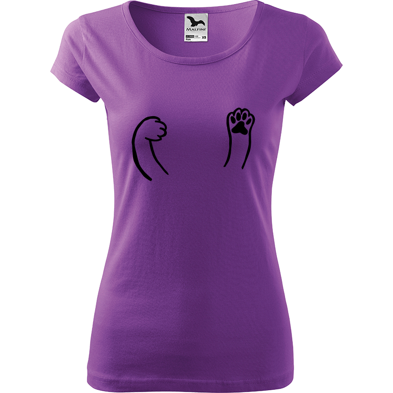 Ručně malované dámské bavlněné tričko - Kočičí packy Barva trička: FIALOVÁ, Velikost trička: XXL, Barva motivu: ČERNÁ