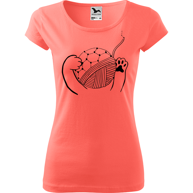 Ručně malované dámské bavlněné tričko - Kočičí packy a Fulleren Barva trička: KORÁLOVÁ, Velikost trička: S, Barva motivu: ČERNÁ