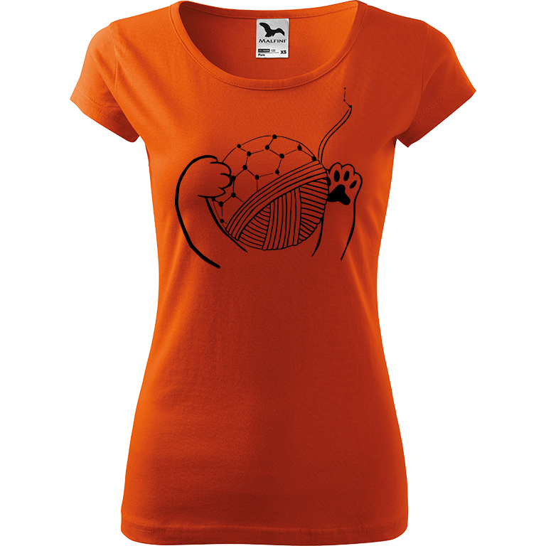 Ručně malované dámské bavlněné tričko - Kočičí packy a Fulleren Barva trička: ORANŽOVÁ, Velikost trička: XL, Barva motivu: ČERNÁ