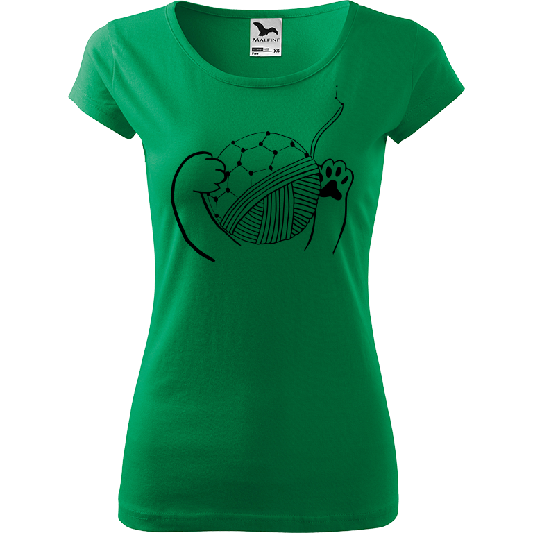 Ručně malované dámské bavlněné tričko - Kočičí packy a Fulleren Barva trička: STŘEDNĚ ZELENÁ, Velikost trička: L, Barva motivu: ČERNÁ