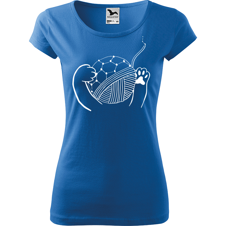 Ručně malované dámské bavlněné tričko - Kočičí packy a Fulleren Barva trička: AZUROVÁ, Velikost trička: XXL, Barva motivu: BÍLÁ