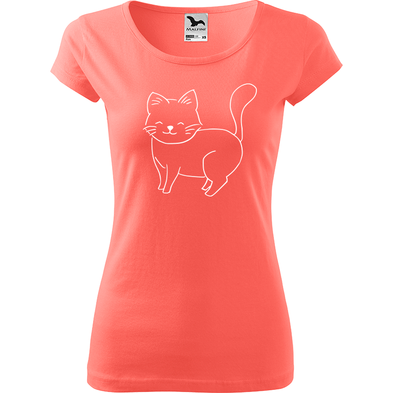 Ručně malované dámské bavlněné tričko - Kočka Barva trička: KORÁLOVÁ, Velikost trička: XL, Barva motivu: BÍLÁ