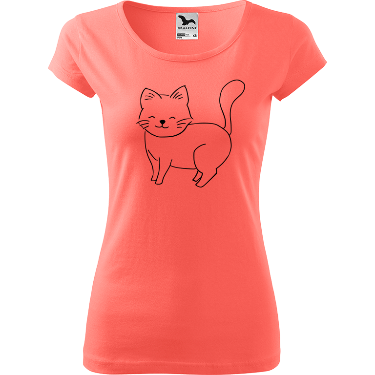 Ručně malované dámské bavlněné tričko - Kočka Barva trička: KORÁLOVÁ, Velikost trička: M, Barva motivu: ČERNÁ