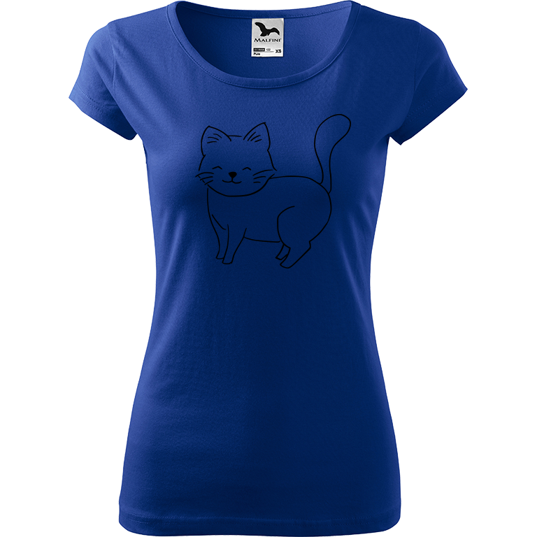 Ručně malované dámské bavlněné tričko - Kočka Barva trička: MODRÁ, Velikost trička: XXL, Barva motivu: ČERNÁ