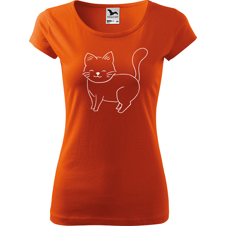 Ručně malované dámské bavlněné tričko - Kočka Barva trička: ORANŽOVÁ, Velikost trička: XS, Barva motivu: BÍLÁ