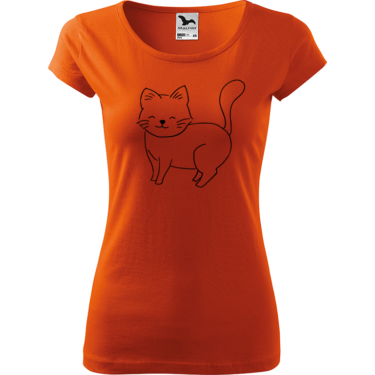Ručně malované dámské bavlněné tričko - Kočka Barva trička: ORANŽOVÁ, Velikost trička: S, Barva motivu: ČERNÁ