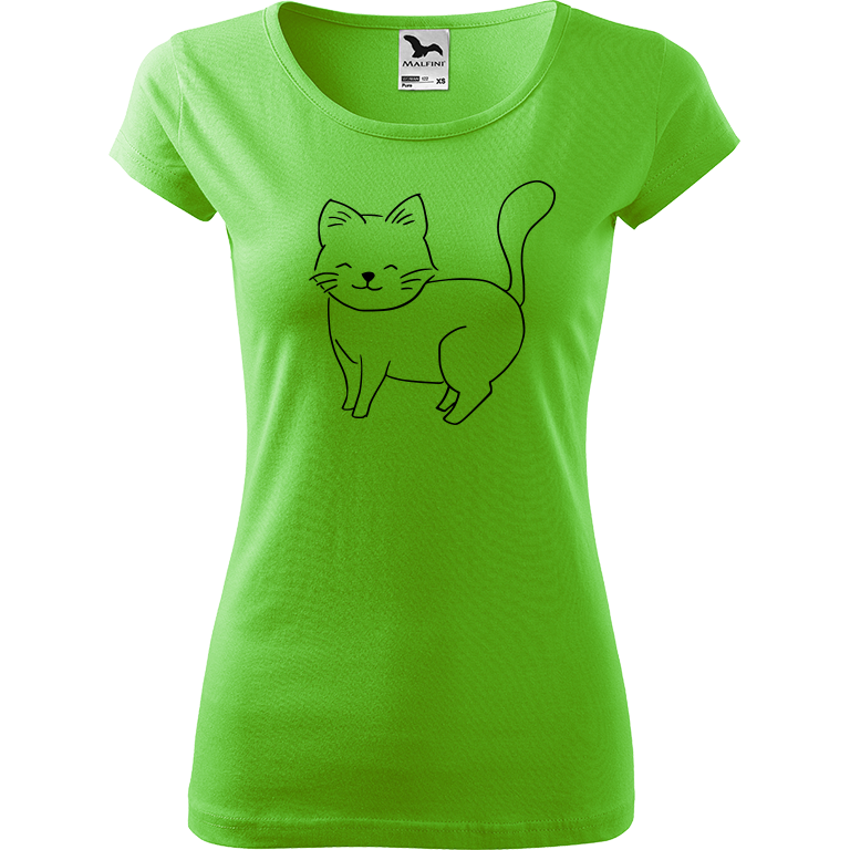 Ručně malované dámské bavlněné tričko - Kočka Barva trička: SVĚTLE ZELENÁ, Velikost trička: XL, Barva motivu: ČERNÁ