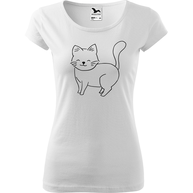 Ručně malované dámské bavlněné tričko - Kočka Barva trička: BÍLÁ, Velikost trička: XS, Barva motivu: ČERNÁ