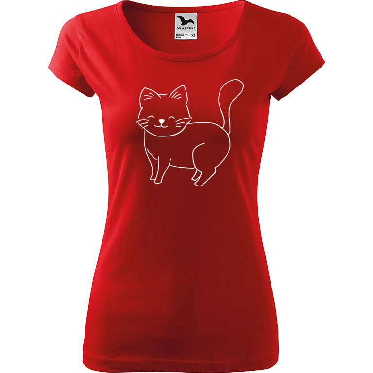 Ručně malované dámské bavlněné tričko - Kočka Barva trička: ČERVENÁ, Velikost trička: L, Barva motivu: BÍLÁ