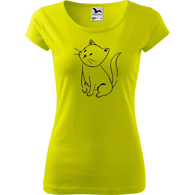 Ručně malované dámské bavlněné tričko - Kotě Barva trička: LIMETKOVÁ, Velikost trička: L, Barva motivu: ČERNÁ