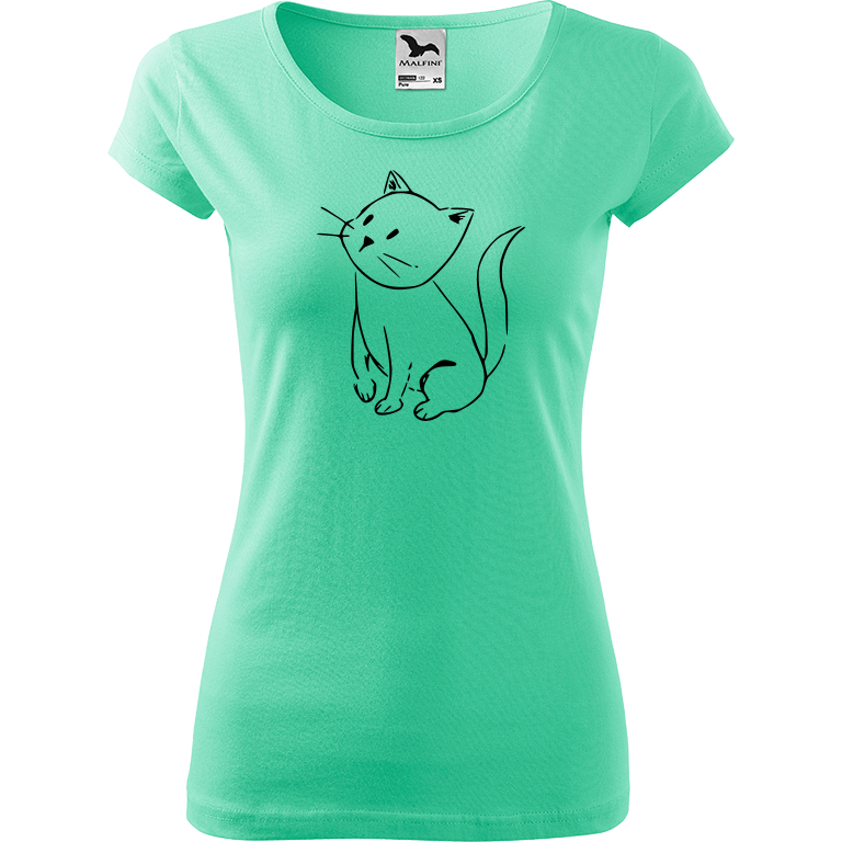 Ručně malované dámské bavlněné tričko - Kotě Barva trička: MÁTOVÁ, Velikost trička: XS, Barva motivu: ČERNÁ