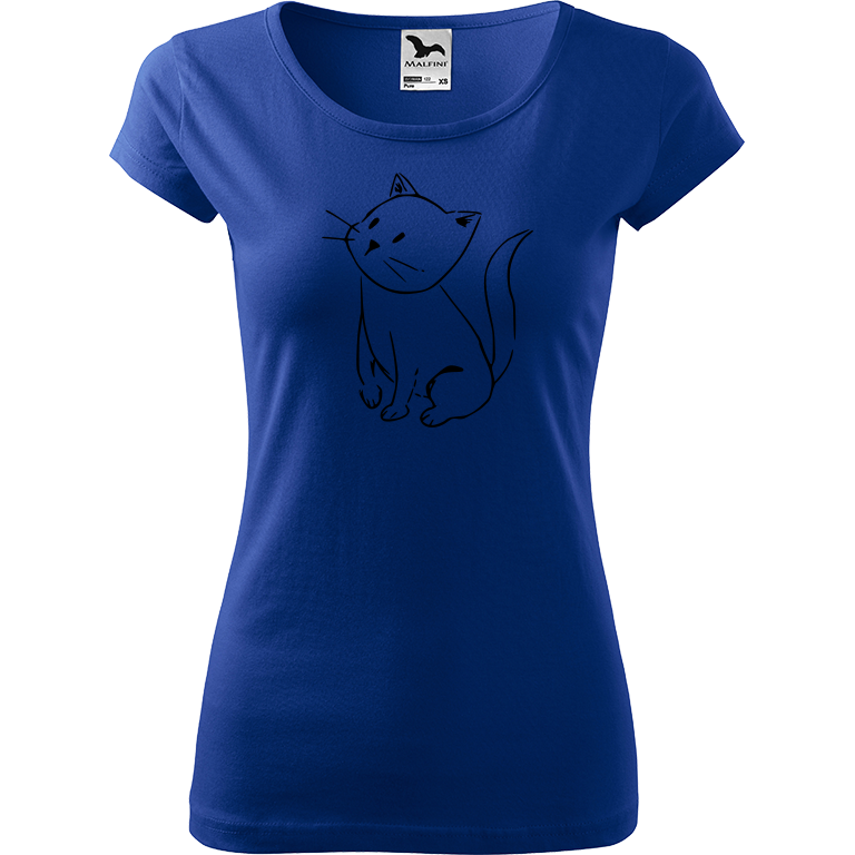 Ručně malované dámské bavlněné tričko - Kotě Barva trička: MODRÁ, Velikost trička: L, Barva motivu: ČERNÁ