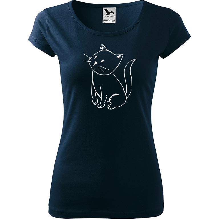 Ručně malované dámské bavlněné tričko - Kotě Barva trička: NÁMOŘNICKÁ MODRÁ, Velikost trička: M, Barva motivu: BÍLÁ