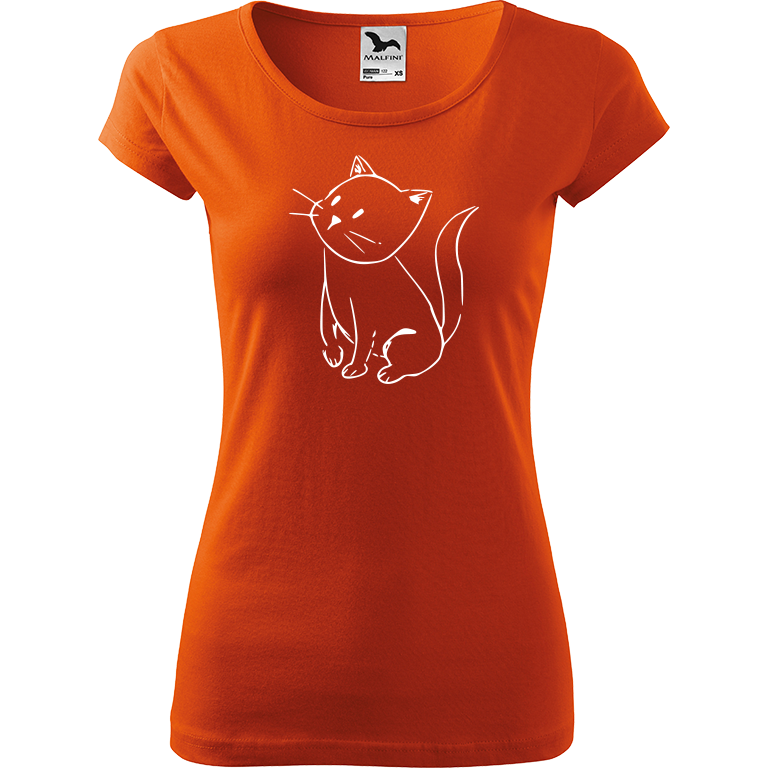 Ručně malované dámské bavlněné tričko - Kotě Barva trička: ORANŽOVÁ, Velikost trička: S, Barva motivu: BÍLÁ