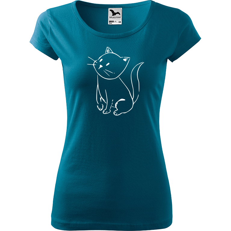Ručně malované dámské bavlněné tričko - Kotě Barva trička: PETROLEJOVÁ, Velikost trička: XXL, Barva motivu: BÍLÁ