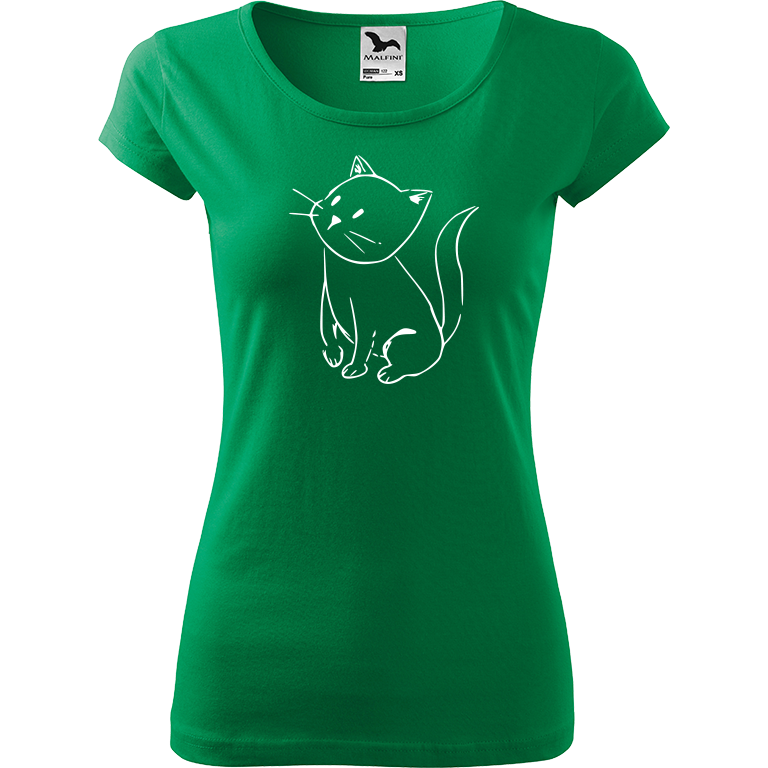 Ručně malované dámské bavlněné tričko - Kotě Barva trička: STŘEDNĚ ZELENÁ, Velikost trička: XS, Barva motivu: BÍLÁ