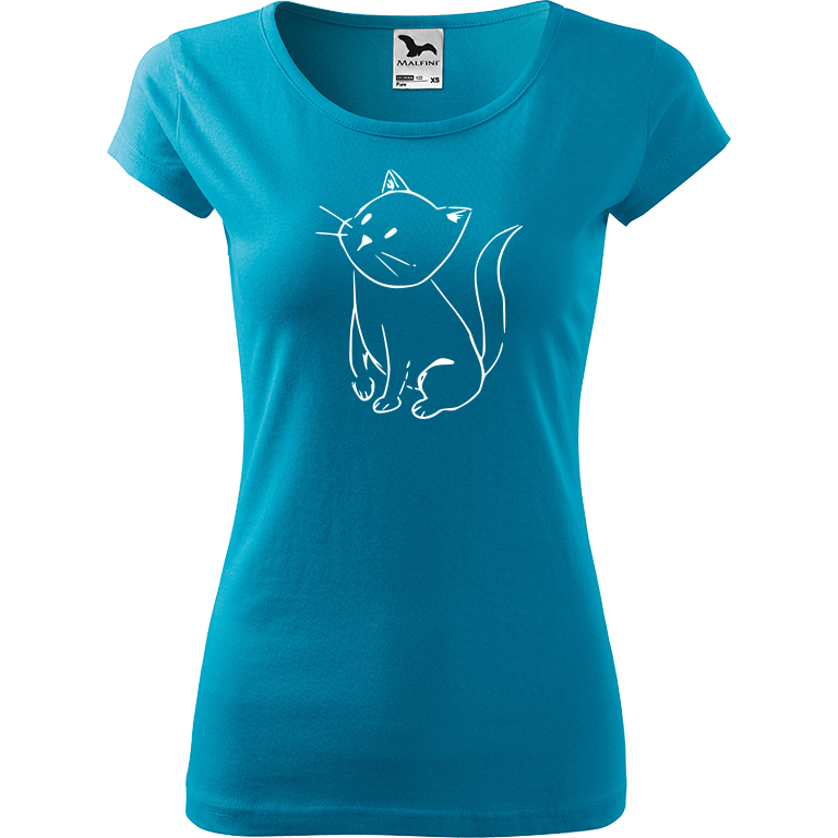 Ručně malované dámské bavlněné tričko - Kotě Barva trička: TYRKYSOVÁ, Velikost trička: XS, Barva motivu: BÍLÁ