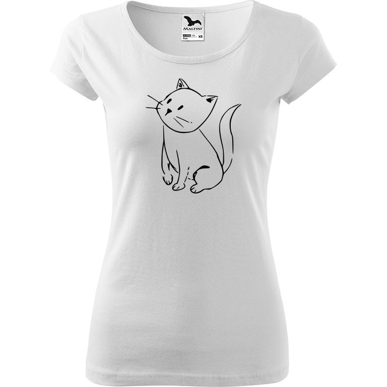 Ručně malované dámské bavlněné tričko - Kotě Barva trička: BÍLÁ, Velikost trička: M, Barva motivu: ČERNÁ