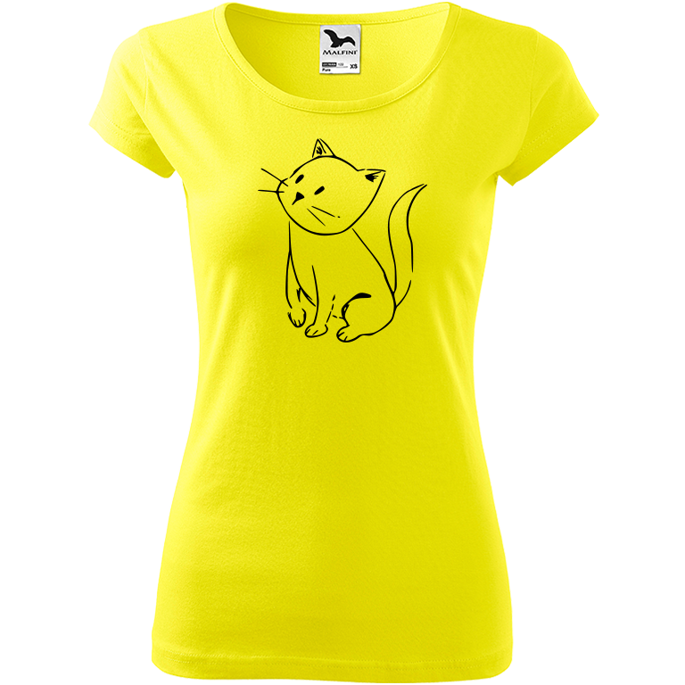 Ručně malované dámské bavlněné tričko - Kotě Barva trička: CITRONOVÁ, Velikost trička: M, Barva motivu: ČERNÁ