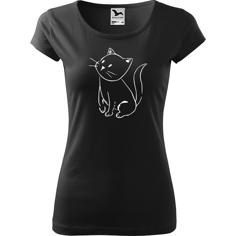 Ručně malované dámské bavlněné tričko - Kotě Barva trička: ČERNÁ, Velikost trička: XXL, Barva motivu: BÍLÁ