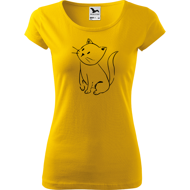 Ručně malované dámské bavlněné tričko - Kotě Barva trička: ŽLUTÁ, Velikost trička: M, Barva motivu: ČERNÁ
