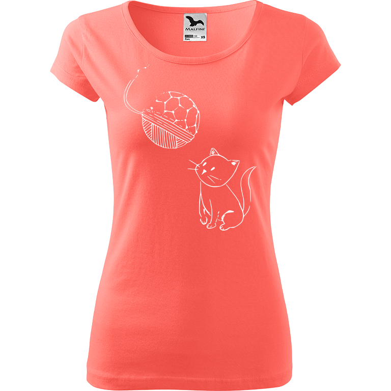 Ručně malované dámské bavlněné tričko - Kotě s Fullerenem Barva trička: KORÁLOVÁ, Velikost trička: XS, Barva motivu: BÍLÁ