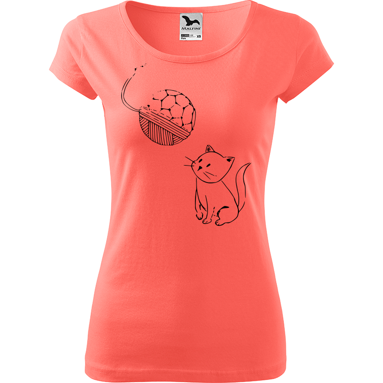 Ručně malované dámské bavlněné tričko - Kotě s Fullerenem Barva trička: KORÁLOVÁ, Velikost trička: XL, Barva motivu: ČERNÁ