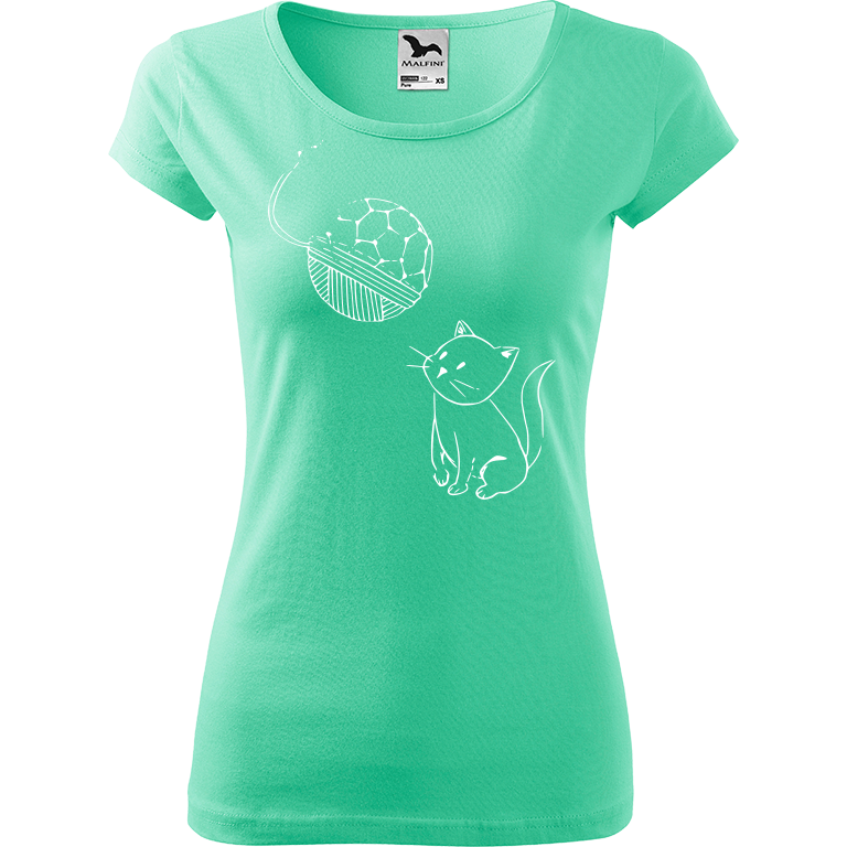 Ručně malované dámské bavlněné tričko - Kotě s Fullerenem Barva trička: MÁTOVÁ, Velikost trička: XL, Barva motivu: BÍLÁ