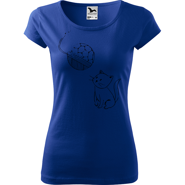 Ručně malované dámské bavlněné tričko - Kotě s Fullerenem Barva trička: MODRÁ, Velikost trička: XS, Barva motivu: ČERNÁ