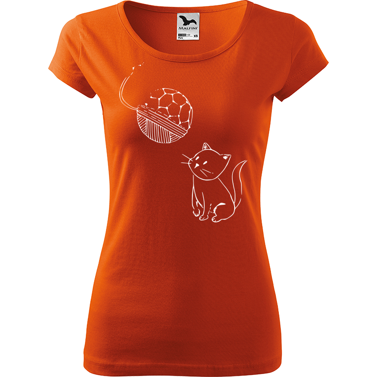 Ručně malované dámské bavlněné tričko - Kotě s Fullerenem Barva trička: ORANŽOVÁ, Velikost trička: XS, Barva motivu: BÍLÁ