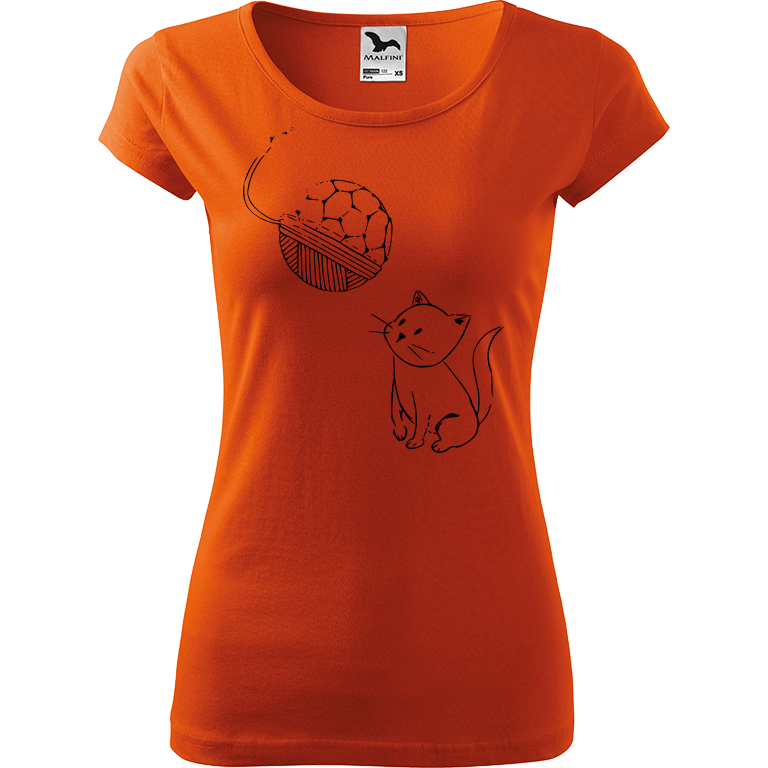 Ručně malované dámské bavlněné tričko - Kotě s Fullerenem Barva trička: ORANŽOVÁ, Velikost trička: L, Barva motivu: ČERNÁ