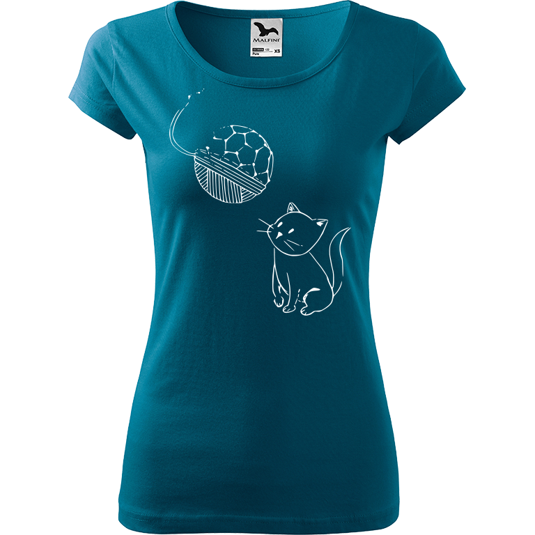 Ručně malované dámské bavlněné tričko - Kotě s Fullerenem Barva trička: PETROLEJOVÁ, Velikost trička: XS, Barva motivu: BÍLÁ