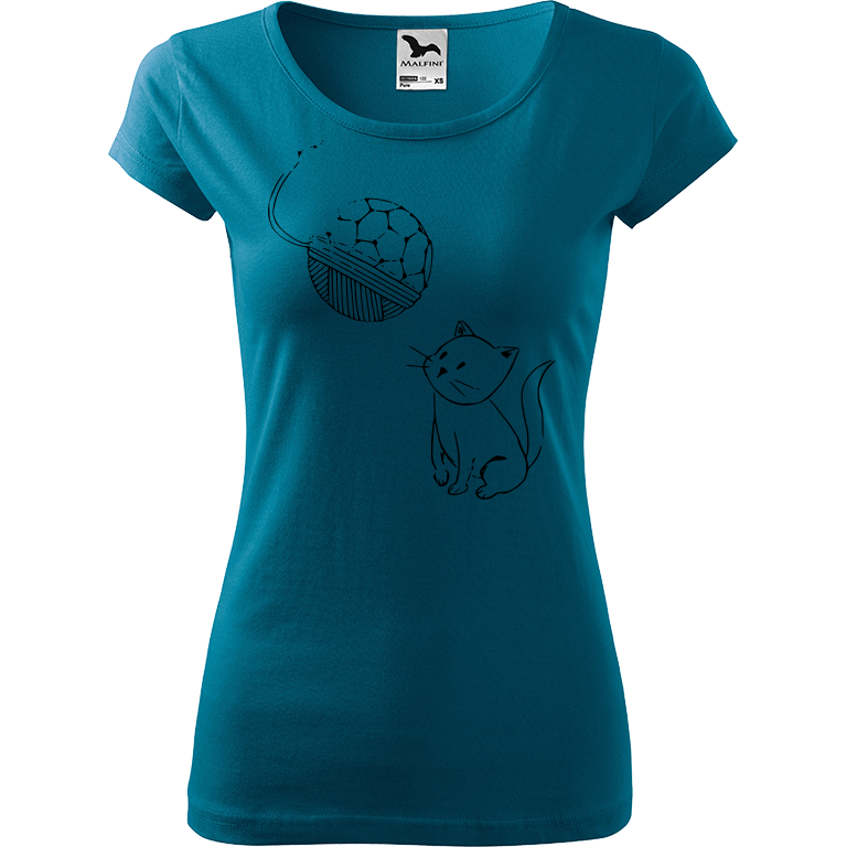 Ručně malované dámské bavlněné tričko - Kotě s Fullerenem Barva trička: PETROLEJOVÁ, Velikost trička: M, Barva motivu: ČERNÁ