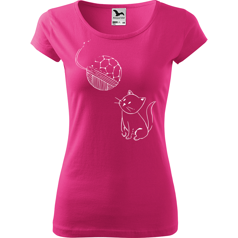 Ručně malované dámské bavlněné tričko - Kotě s Fullerenem Barva trička: RŮŽOVÁ, Velikost trička: XL, Barva motivu: BÍLÁ