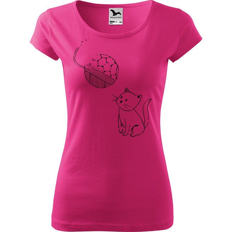 Ručně malované dámské bavlněné tričko - Kotě s Fullerenem Barva trička: RŮŽOVÁ, Velikost trička: XL, Barva motivu: ČERNÁ