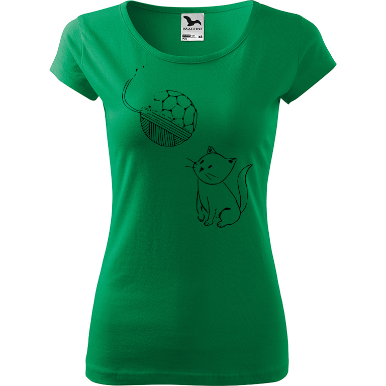 Ručně malované dámské bavlněné tričko - Kotě s Fullerenem Barva trička: STŘEDNĚ ZELENÁ, Velikost trička: XL, Barva motivu: ČERNÁ