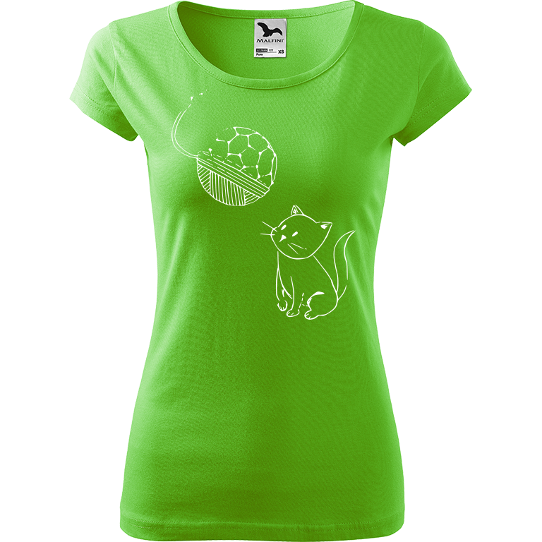 Ručně malované dámské bavlněné tričko - Kotě s Fullerenem Barva trička: SVĚTLE ZELENÁ, Velikost trička: L, Barva motivu: BÍLÁ