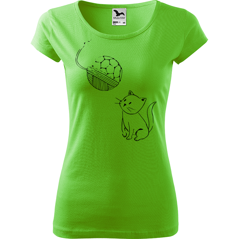 Ručně malované dámské bavlněné tričko - Kotě s Fullerenem Barva trička: SVĚTLE ZELENÁ, Velikost trička: L, Barva motivu: ČERNÁ