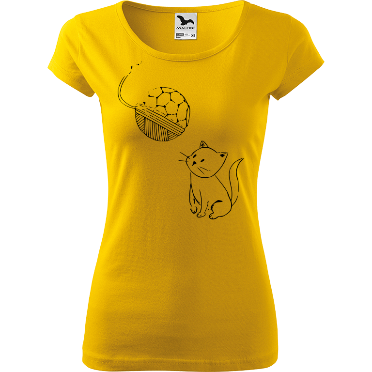 Ručně malované dámské bavlněné tričko - Kotě s Fullerenem Barva trička: ŽLUTÁ, Velikost trička: XS, Barva motivu: ČERNÁ