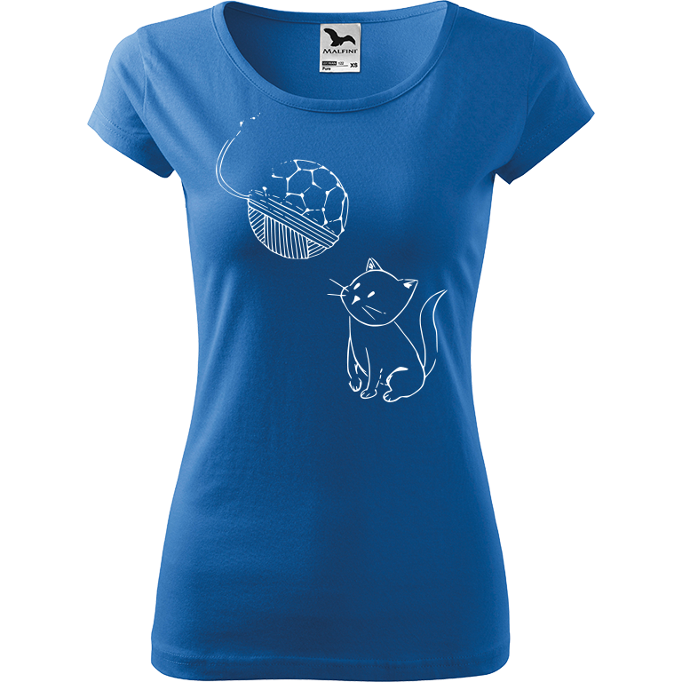Ručně malované dámské bavlněné tričko - Kotě s Fullerenem Barva trička: AZUROVÁ, Velikost trička: XS, Barva motivu: BÍLÁ