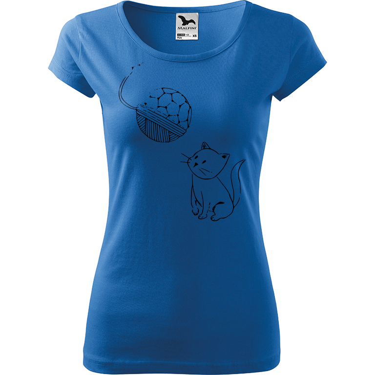 Ručně malované dámské bavlněné tričko - Kotě s Fullerenem Barva trička: AZUROVÁ, Velikost trička: XS, Barva motivu: ČERNÁ