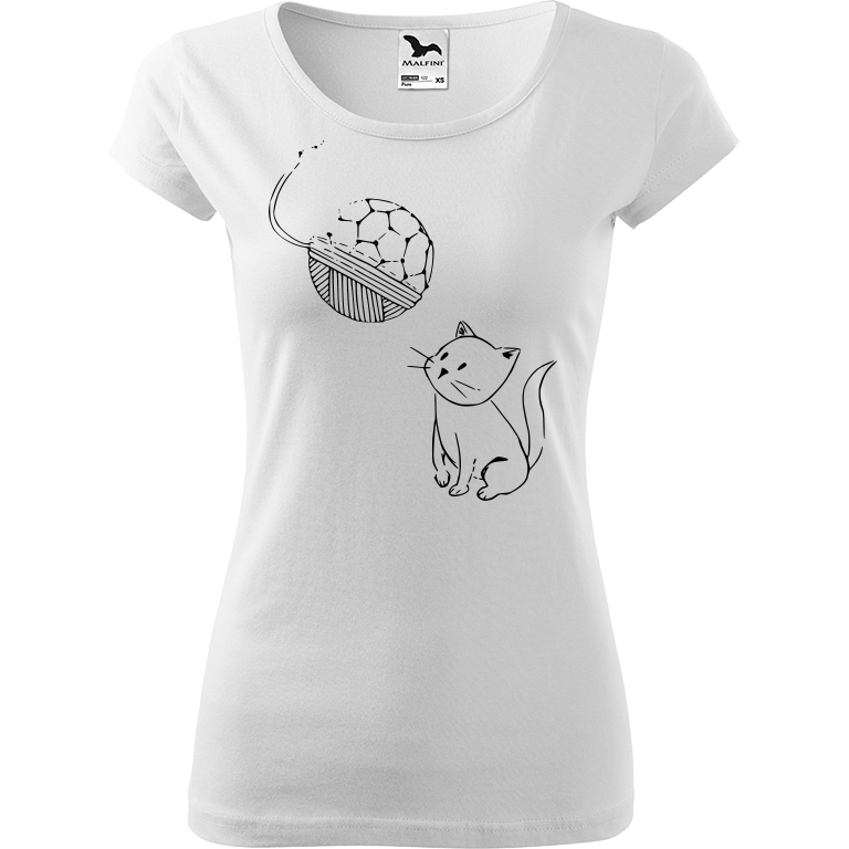 Ručně malované dámské bavlněné tričko - Kotě s Fullerenem Barva trička: BÍLÁ, Velikost trička: XS, Barva motivu: ČERNÁ