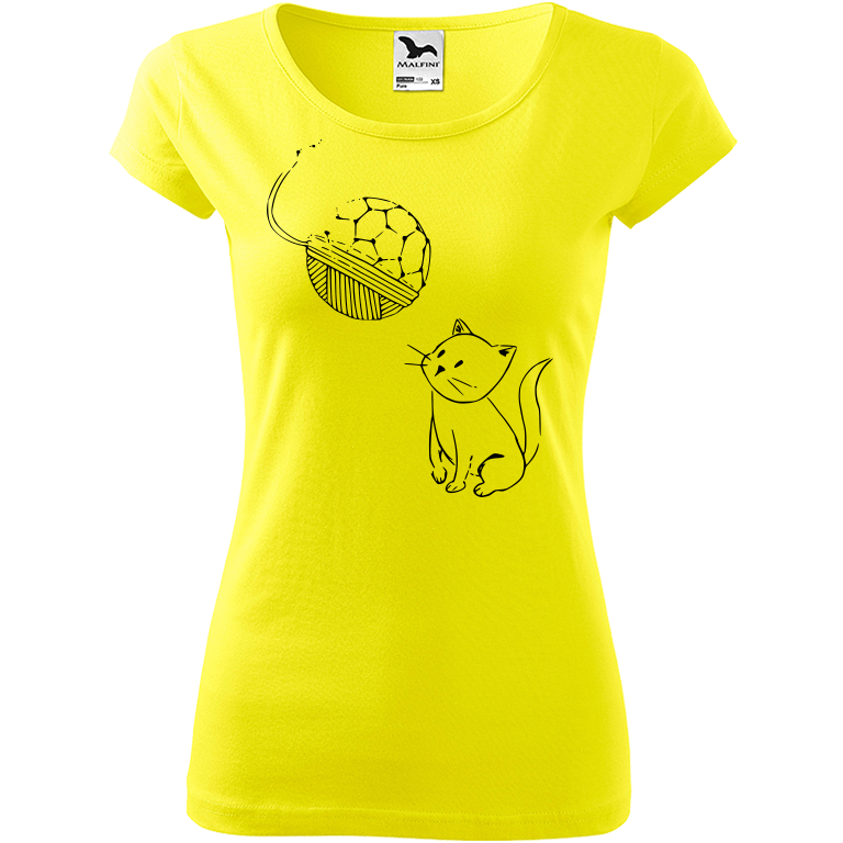 Ručně malované dámské bavlněné tričko - Kotě s Fullerenem Barva trička: CITRONOVÁ, Velikost trička: XS, Barva motivu: ČERNÁ