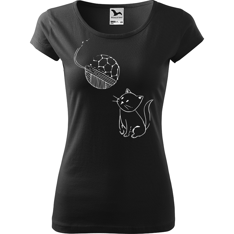 Ručně malované dámské bavlněné tričko - Kotě s Fullerenem Barva trička: ČERNÁ, Velikost trička: XS, Barva motivu: BÍLÁ
