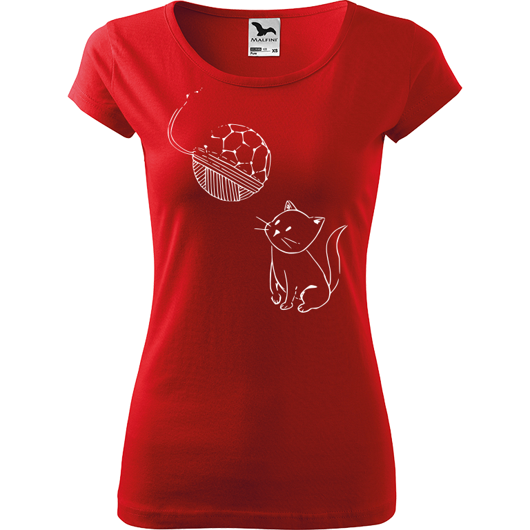 Ručně malované dámské bavlněné tričko - Kotě s Fullerenem Barva trička: ČERVENÁ, Velikost trička: XL, Barva motivu: BÍLÁ