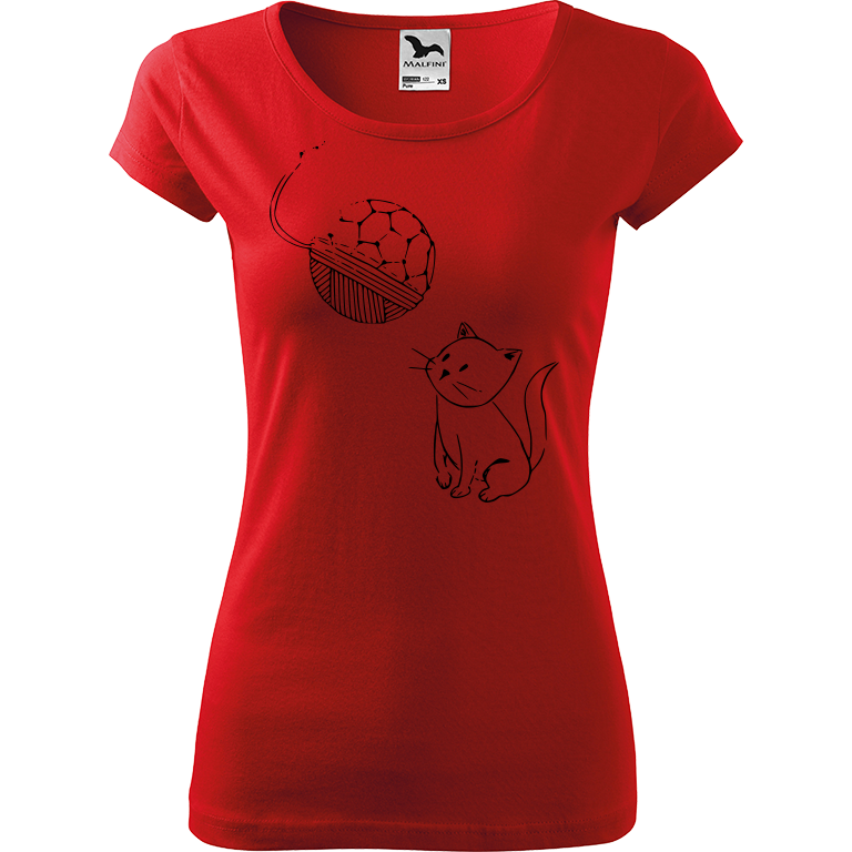 Ručně malované dámské bavlněné tričko - Kotě s Fullerenem Barva trička: ČERVENÁ, Velikost trička: XS, Barva motivu: ČERNÁ