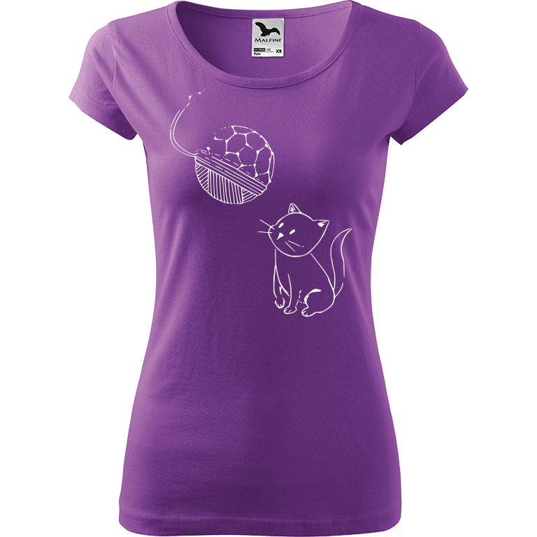 Ručně malované dámské bavlněné tričko - Kotě s Fullerenem Barva trička: FIALOVÁ, Velikost trička: XL, Barva motivu: BÍLÁ