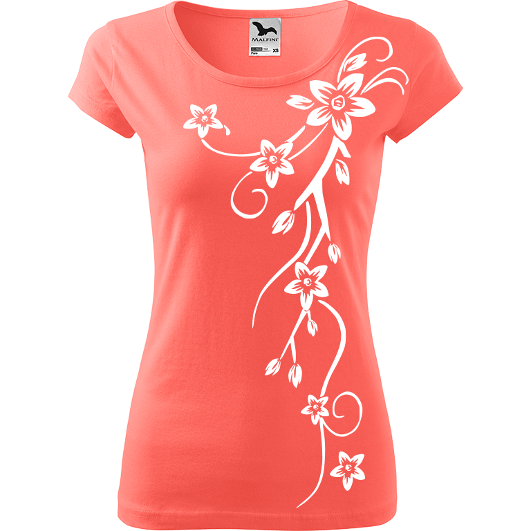 Ručně malované dámské bavlněné tričko - Květiny Barva trička: KORÁLOVÁ, Velikost trička: XL, Barva motivu: BÍLÁ